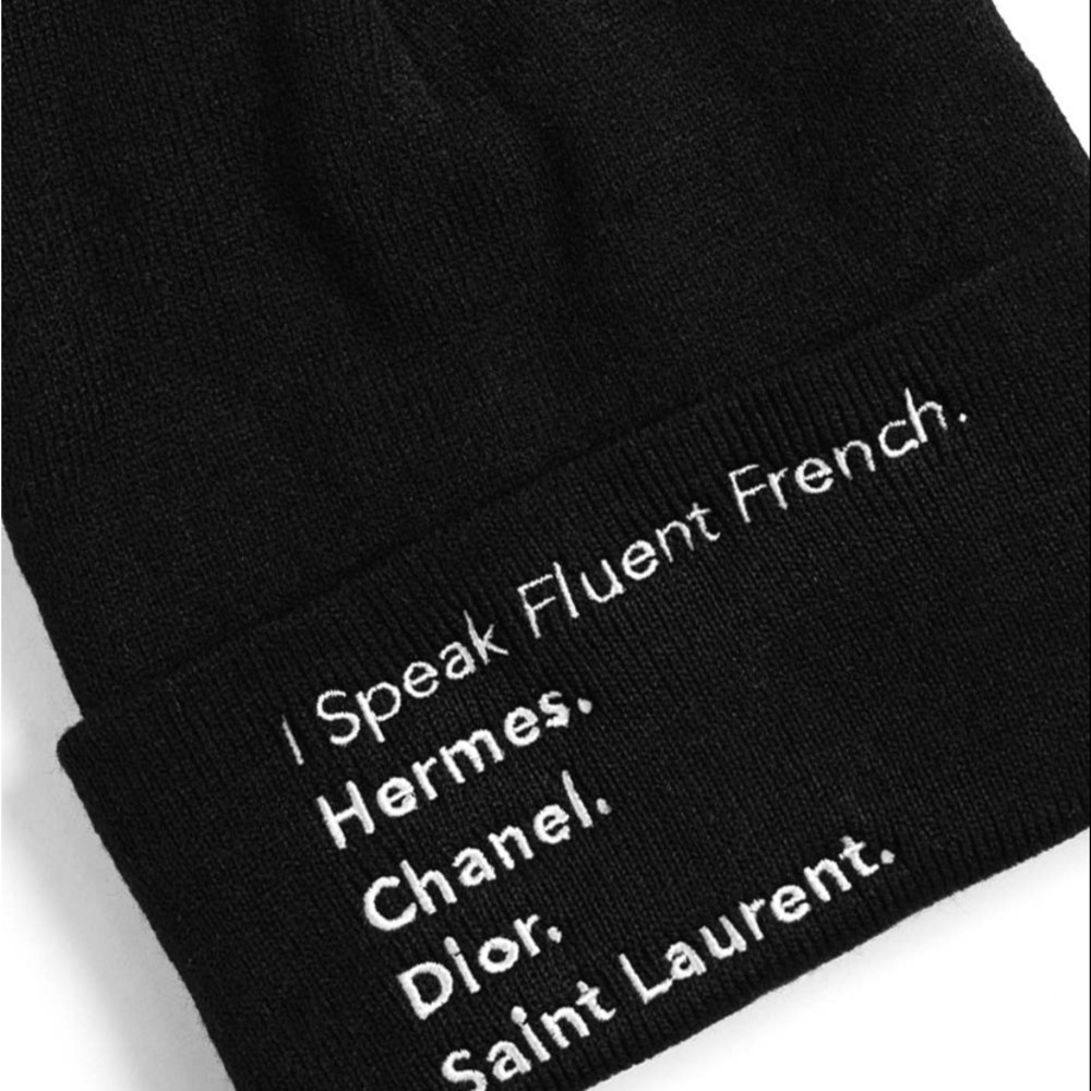 Black Knit Beanie with Embroidered Text